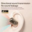 Gold wireless earbud in ear with directional sound transmission and no sound leakage infographic