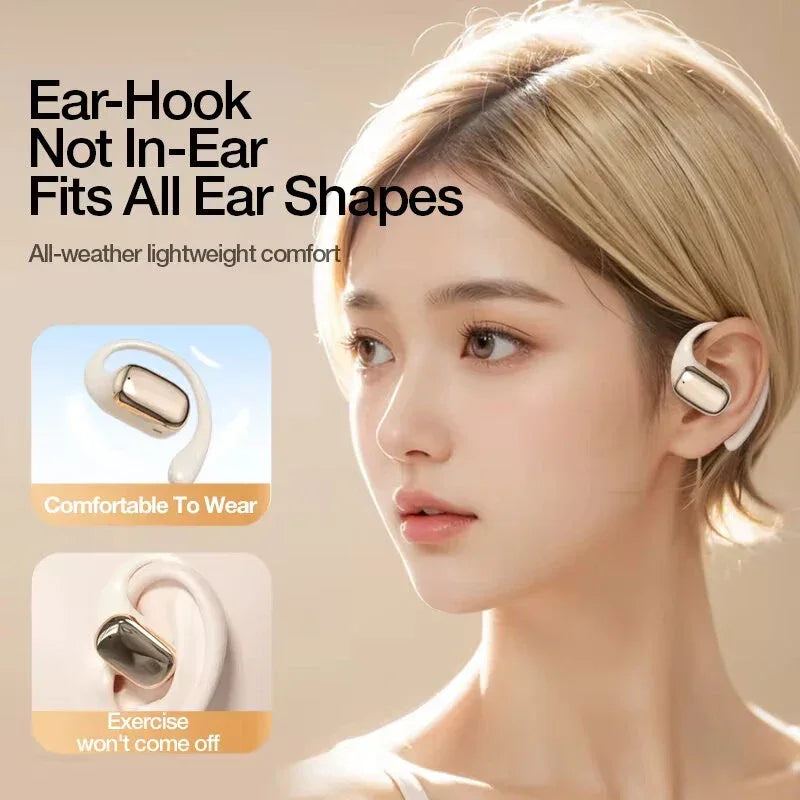 Woman wearing white ear-hook wireless earphones, comfortable fit for all ear shapes