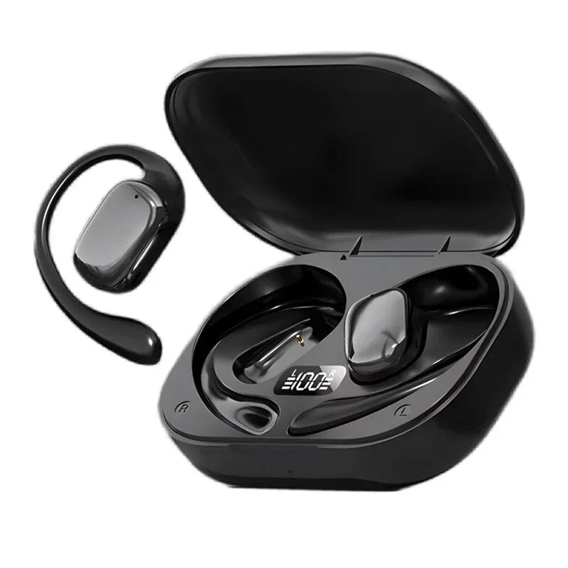 Black wireless Bluetooth earbuds with charging case and digital display