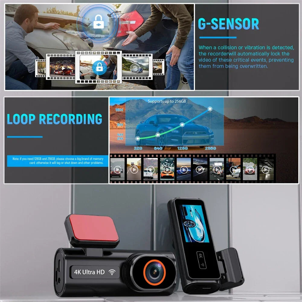 4K Ultra HD dash cam features G-sensor, loop recording, and large capacity memory support