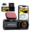 4K Ultra HD dash cam with WiFi, screen display, rear camera, and connected smartphone app