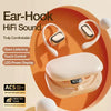 Beige ear-hook wireless earbuds with LED charging case, HiFi sound, touch control features.