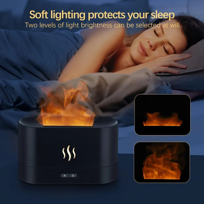 Flame fire humidifier with soft light beside a sleeping woman in a cozy bedroom setting