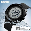 Black SKMEI men's digital sports watch, 50m waterproof, in water splash close-up