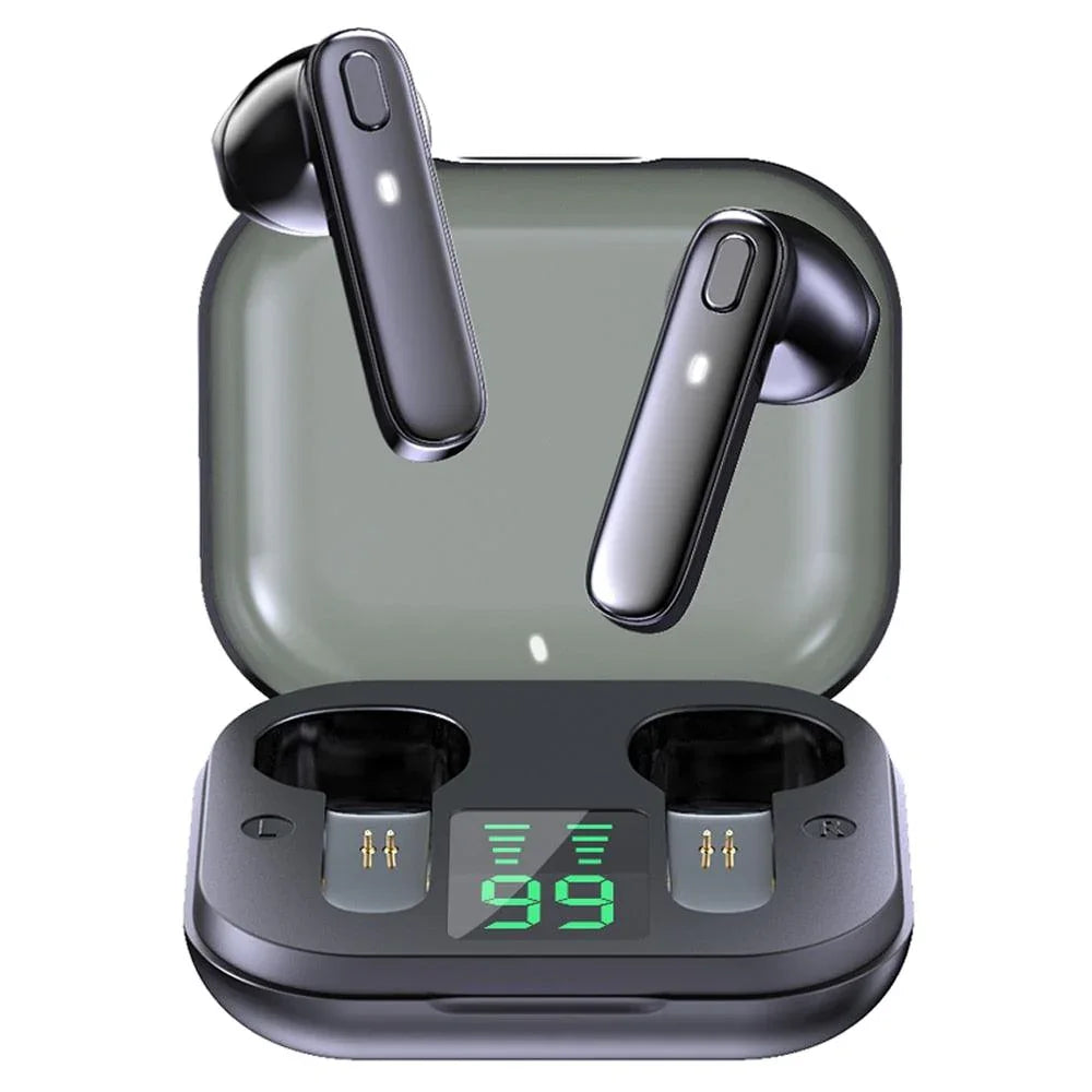 Wireless Bluetooth earbuds with charging case and LED battery display
