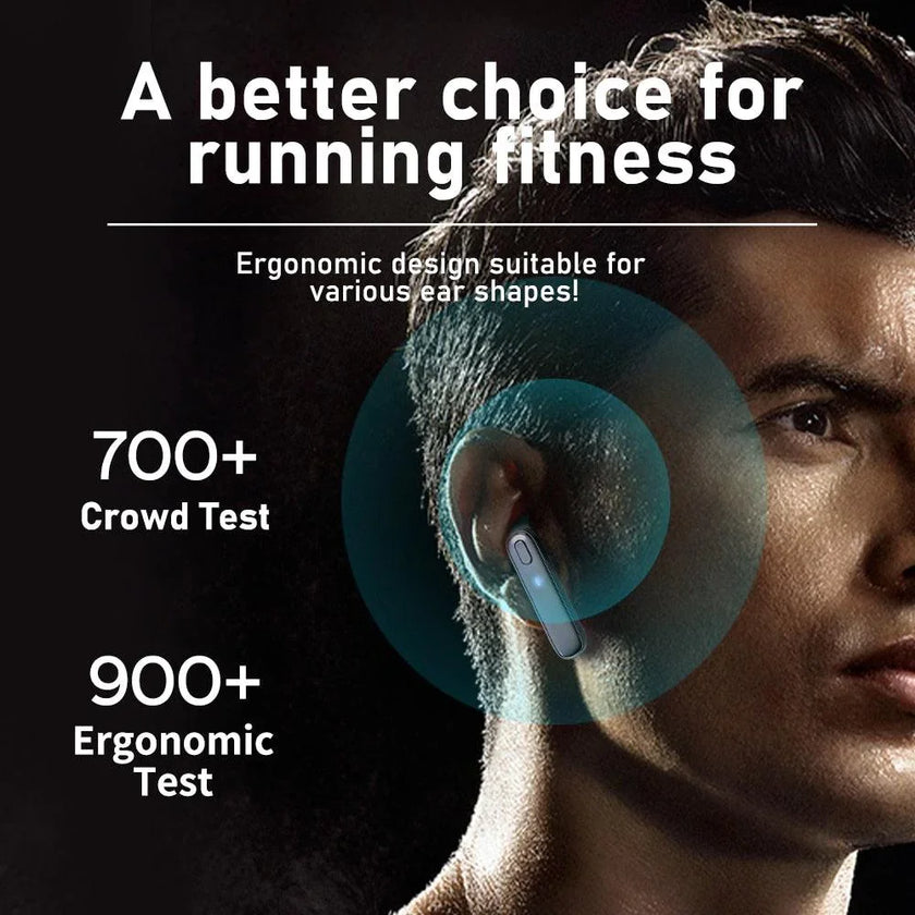 Man wearing Bluetooth earbuds for running fitness, ergonomic design highlighted, test stats shown