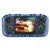 Blue transparent handheld gaming console displaying a racing game on screen