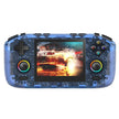 Blue translucent handheld gaming console with racing game on screen, colorful buttons