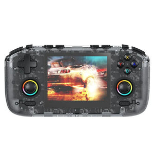 Transparent handheld gaming console with racing game on screen and colorful buttons