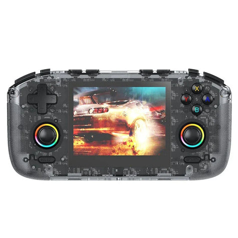 Transparent handheld gaming console with racing game on screen and colorful buttons