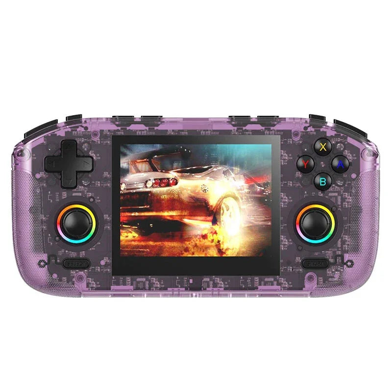Translucent purple handheld gaming console with racing car game on screen