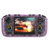Translucent purple handheld gaming console with racing car game on screen