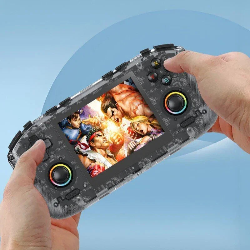 Hands holding a transparent handheld gaming console displaying a colorful fighting game.