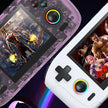 Close-up of two handheld gaming consoles, one purple and one white, displaying video games on their screens.