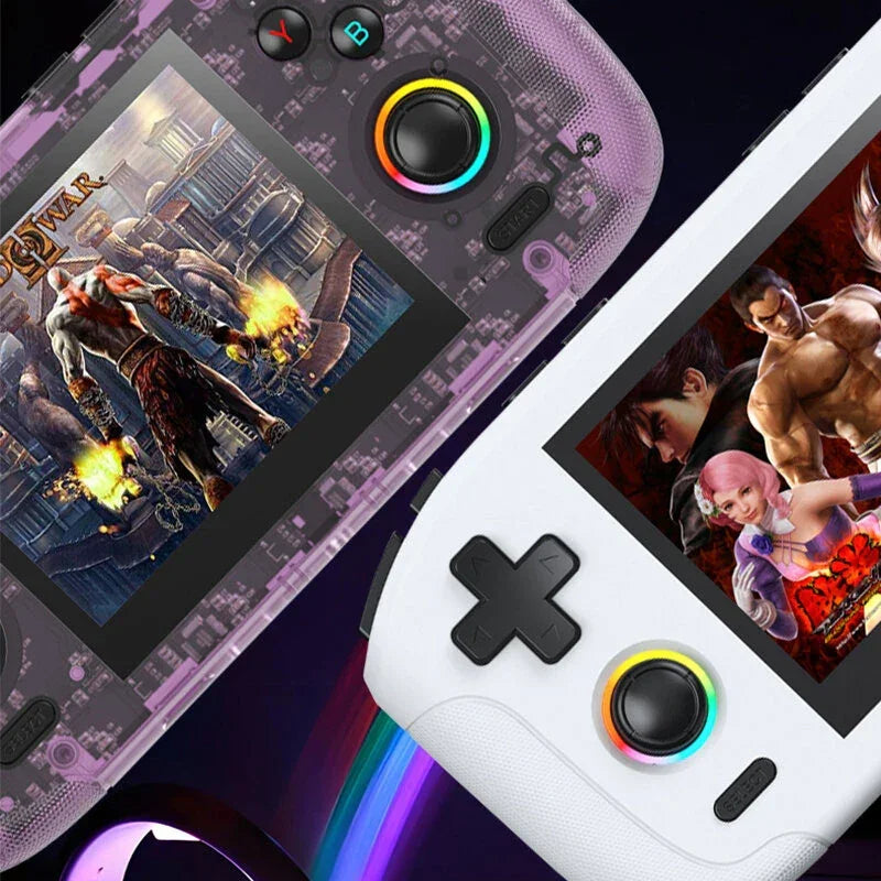 Close-up of two handheld gaming consoles, one purple and one white, displaying video games on their screens.