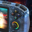 Close-up of a transparent blue handheld gaming console with LED joystick and labeled buttons