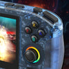 Close-up of a transparent blue handheld gaming console with LED joystick and labeled buttons