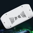 White handheld gaming console with geometric vent design on a dark background