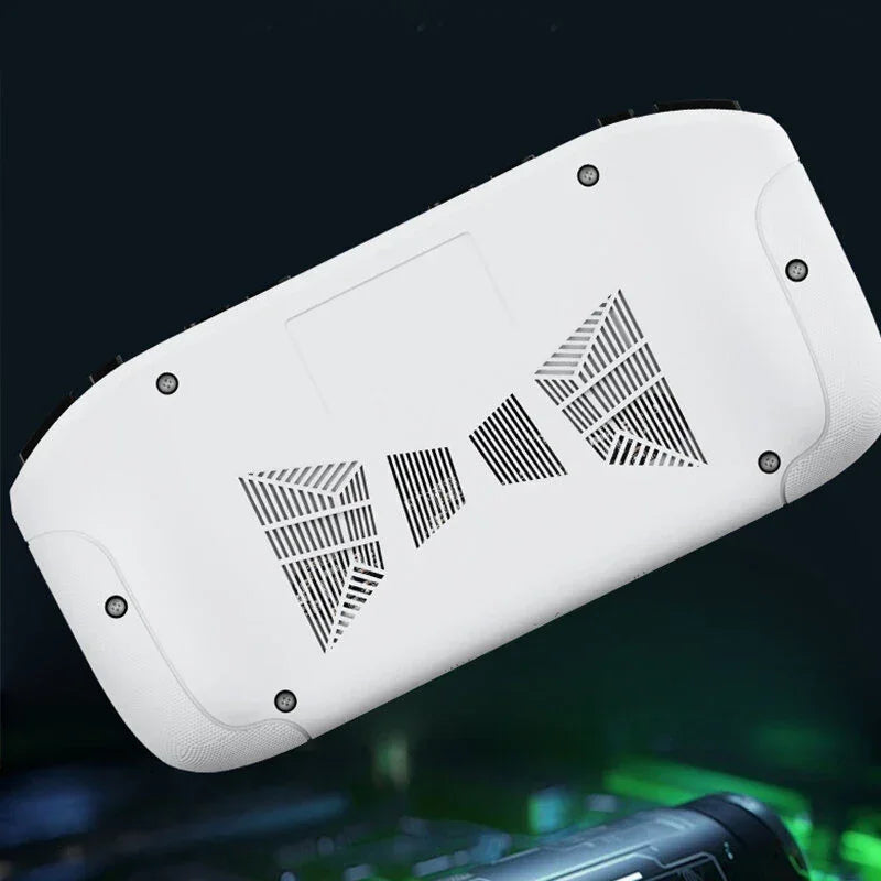 White handheld gaming console with geometric vent design on a dark background