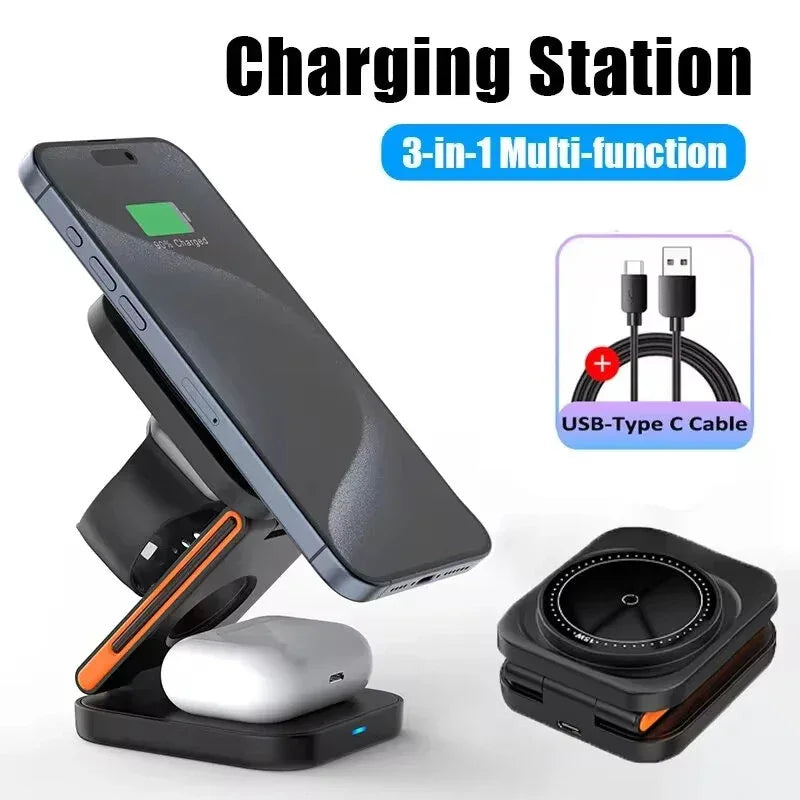3-in-1 charging station for phone, smartwatch, earbuds with USB Type-C cable included