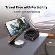 Portable wireless charger, phone stand, and earbud case on airplane tray for travel