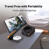 Portable wireless charger, phone stand, and earbud case on airplane tray for travel
