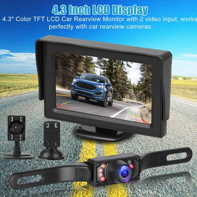 4.3 inch LCD car rearview monitor with backup camera, mounts, and on-screen parking guide