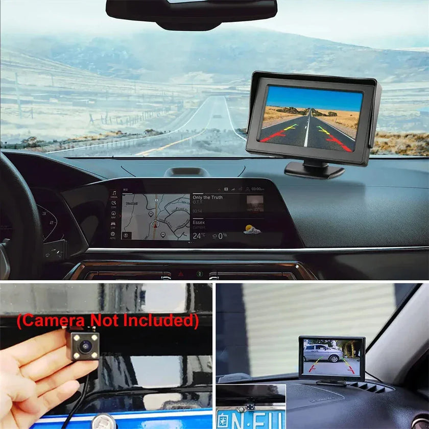 Car dashboard with backup camera monitor, display screen, and rear view camera installation