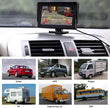 Car dashboard with rearview monitor and images of sedan, MPV, wagon, RV, engineering car, bus