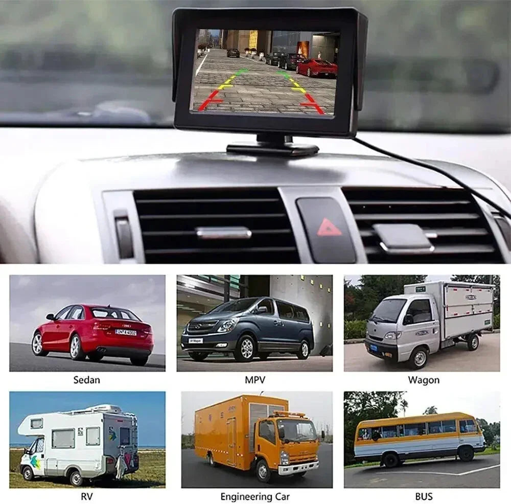 Car dashboard with rearview monitor and images of sedan, MPV, wagon, RV, engineering car, bus