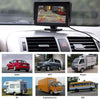 Car dashboard with rearview monitor and images of sedan, MPV, wagon, RV, engineering car, bus