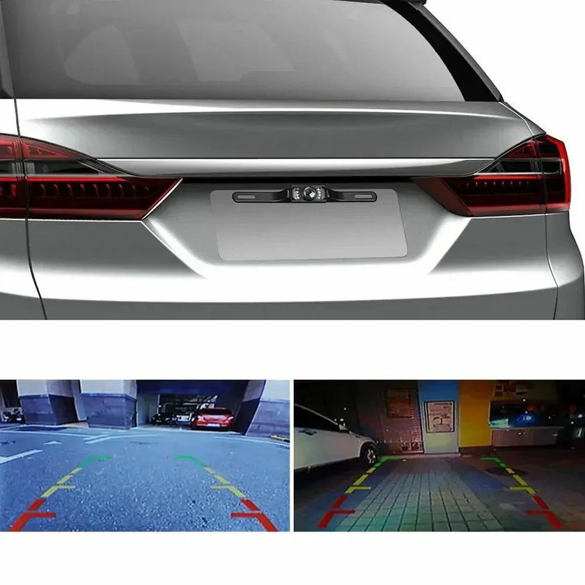 Car rear view with backup camera and dual parking assist camera display