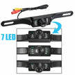 Car license plate backup camera with 7 LED lights and RCA connectors, black housing