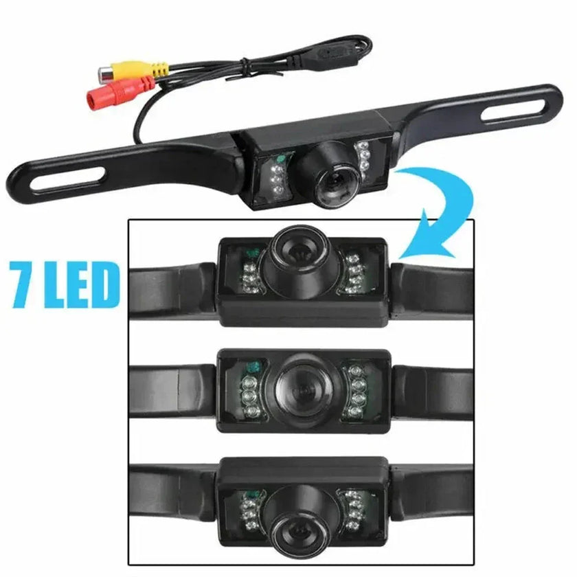 Car license plate backup camera with 7 LED lights and RCA connectors, black housing