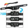 Car license plate backup camera with 7 LED lights and RCA connectors, black housing
