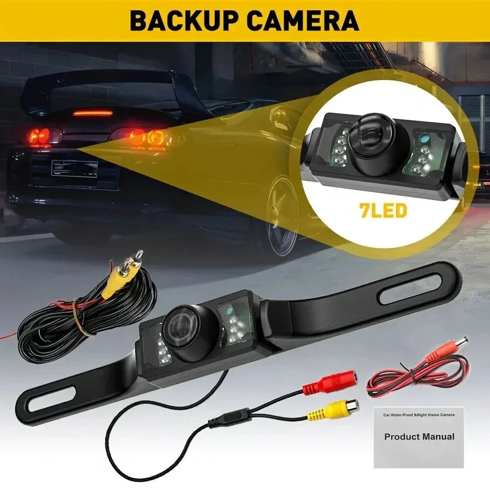 Car backup camera with 7 LED night vision, wiring, connectors, and product manual.