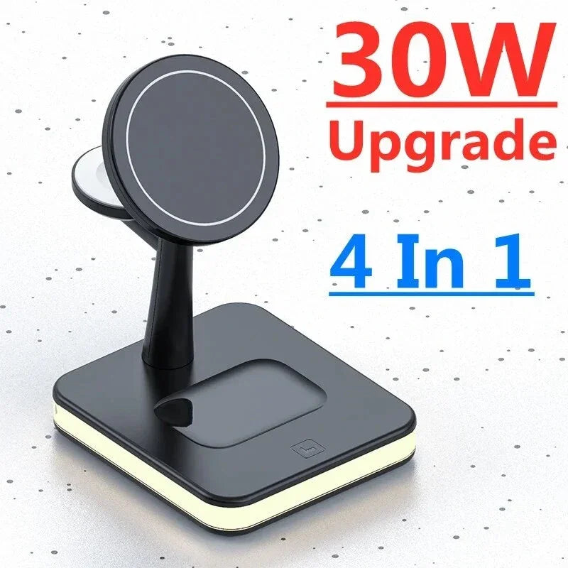 30W 4-in-1 wireless charging station with upgraded black stand on a light surface