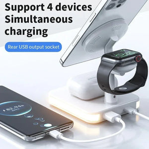 Multi-device charging station powering smartphone, smartwatch, tablet, and earbuds simultaneously