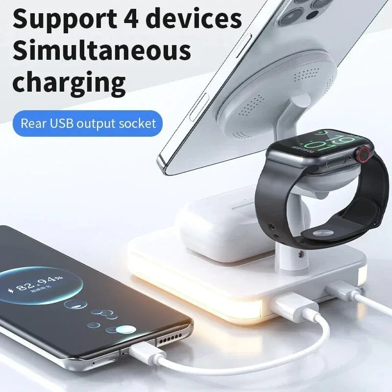 Multi-device charging station powering smartphone, smartwatch, tablet, and earbuds simultaneously