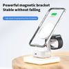 Magnetic wireless charging station for smartphone, smartwatch, and earbuds on wooden table