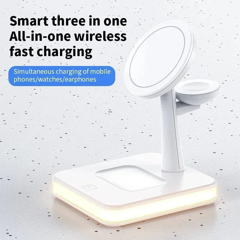 White all-in-one wireless fast charging station for phones, watches, and earphones.