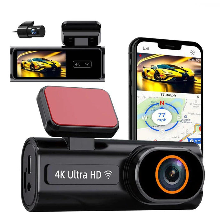 4K Ultra HD WiFi dash cam with rear camera and app interface on smartphone
