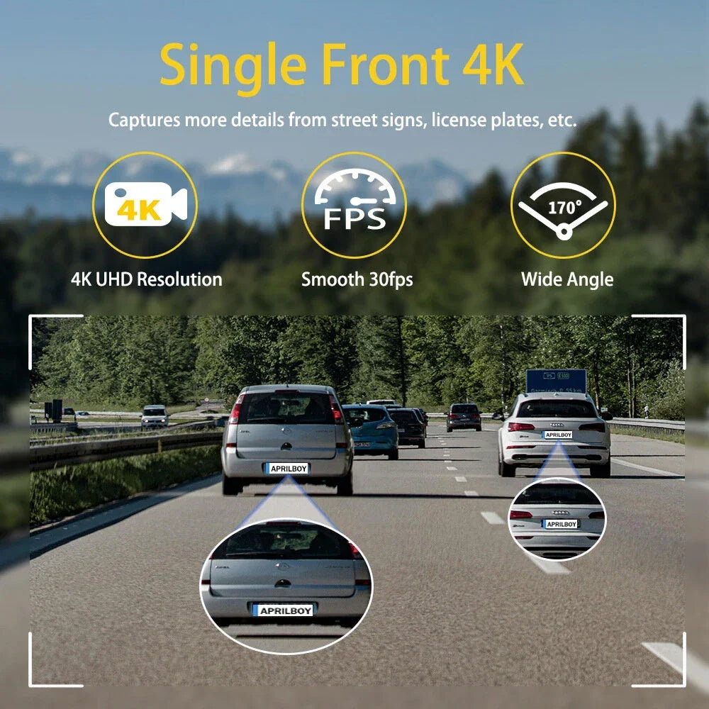 Dash cam 4K front view demo capturing highway cars, clear license plates, wide angle lens.