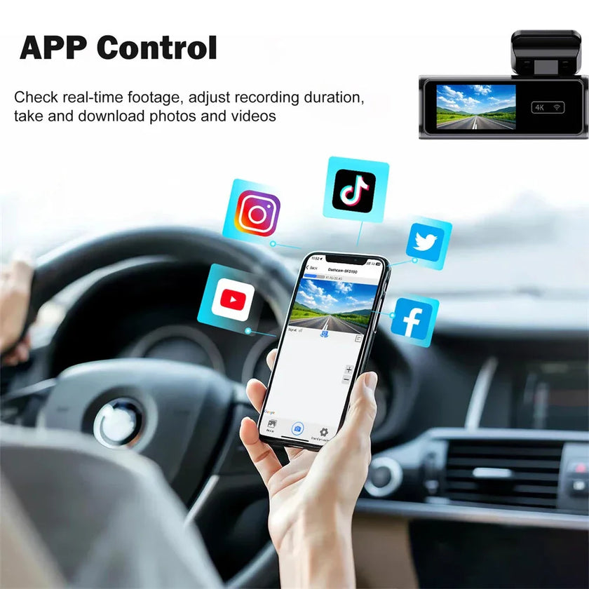 Driver using smartphone dash cam app with social media icons inside car for app control