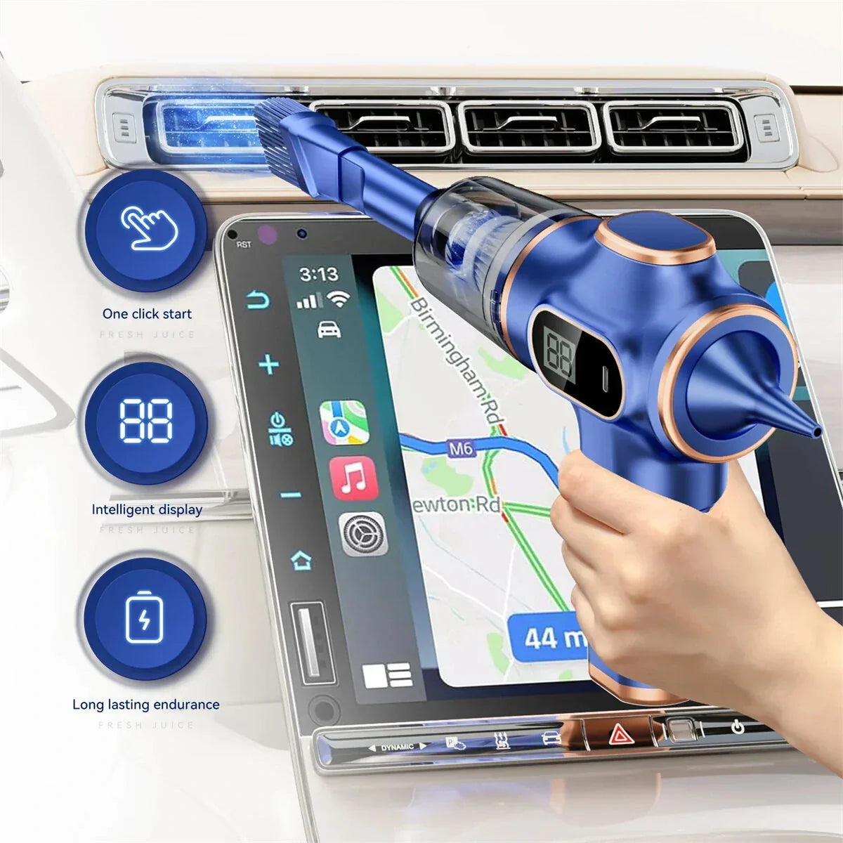 Blue handheld car vacuum cleaner with digital display cleaning air vent, navigation screen visible.