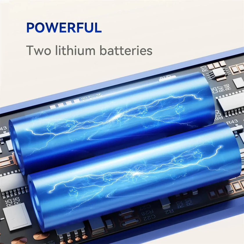 Powerful two lithium batteries on a circuit board with electric energy graphic