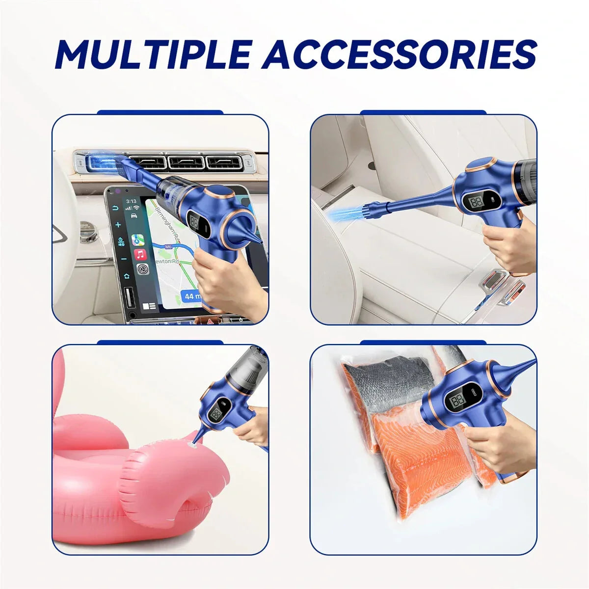 Cordless air compressor for cars, inflatables, vacuum sealing, car cleaning accessories