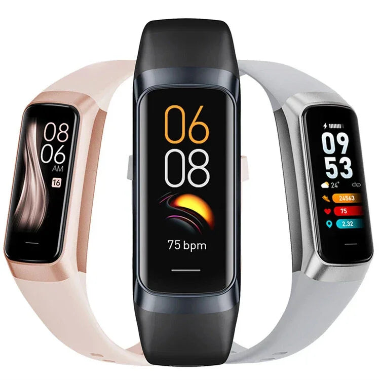 Three smart fitness trackers with color displays and silicone bands in black, pink, and silver