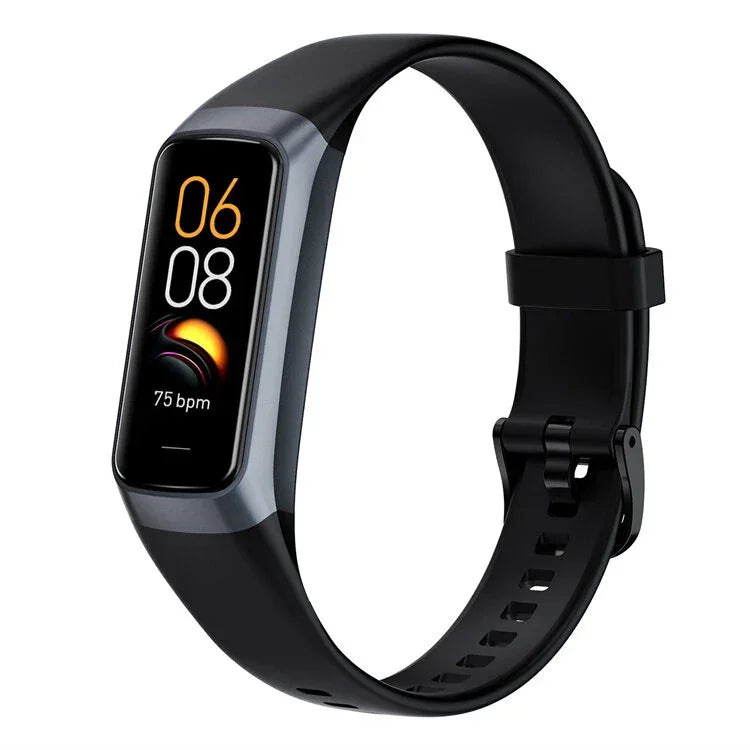 Black fitness tracker smartwatch with heart rate display on white background