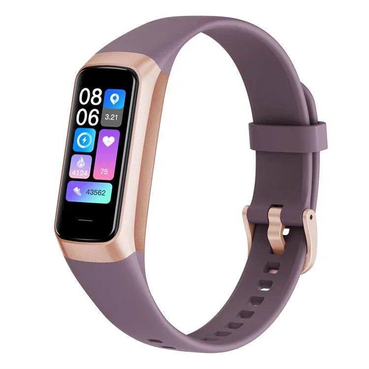Rose gold and purple fitness tracker smartwatch with colorful display